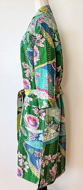 Short Floral Block Print Kantha Kimono Celebrates Nature (Abstract)