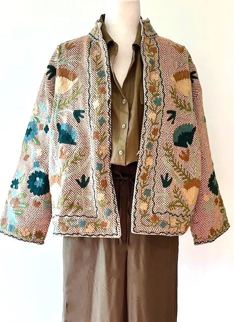 Wearable Art In This Hand Embroidered Short Jacket. (Tan Weave)