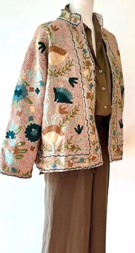 Wearable Art In This Hand Embroidered Short Jacket. (Tan Weave)