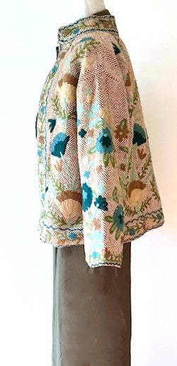 Wearable Art In This Hand Embroidered Short Jacket. (Tan Weave)