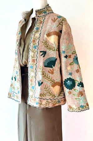 Wearable Art In This Hand Embroidered Short Jacket. (Tan Weave)