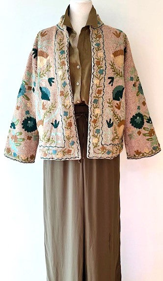 Wearable Art In This Hand Embroidered Short Jacket. (Tan Weave)