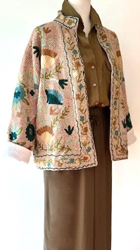 Wearable Art In This Hand Embroidered Short Jacket. (Tan Weave)