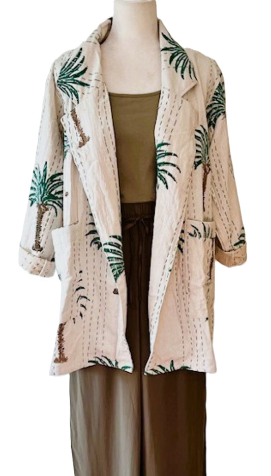 Contemporary Palm Tree Print Blazer With Kantha Stitching