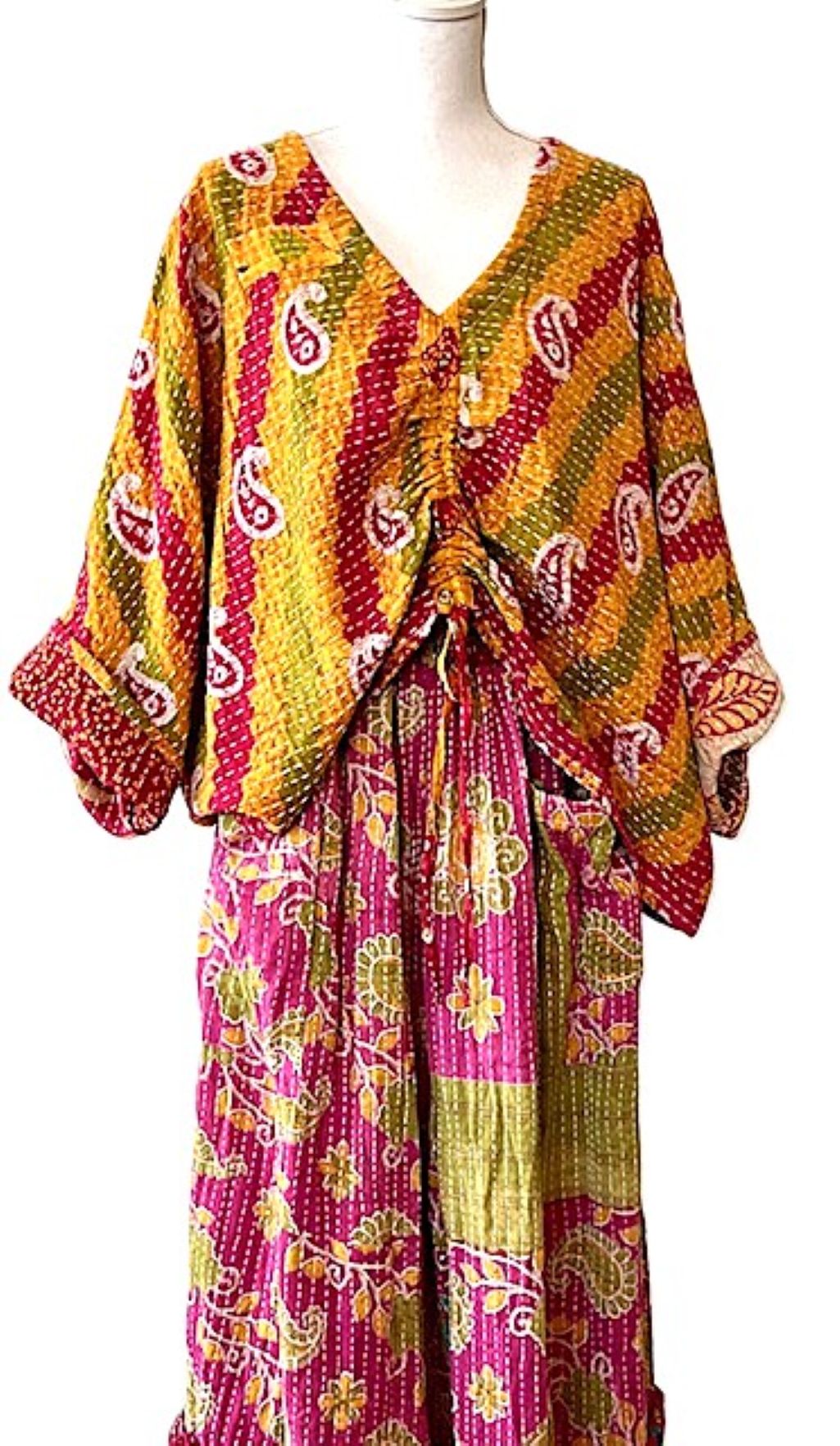 Kantha Bae Cotton Artisan Butterfly Top (Red and Gold)