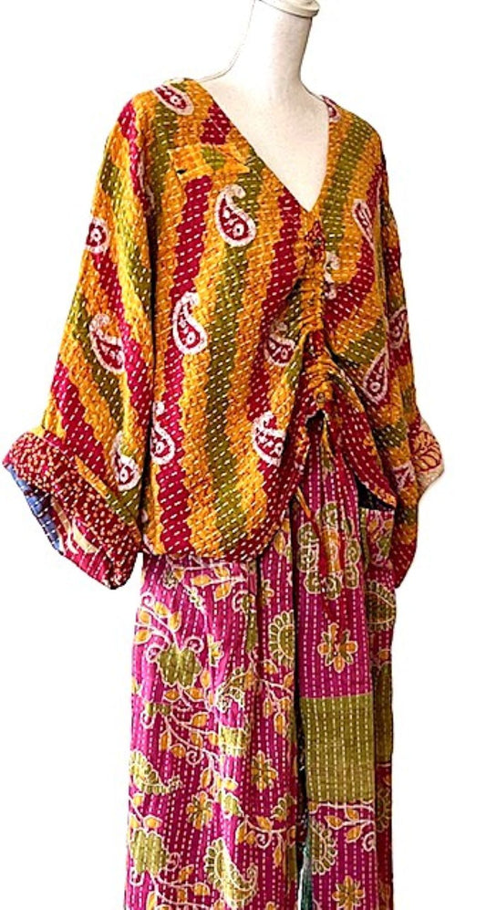 Kantha Bae Cotton Artisan Butterfly Top (Red and Gold)