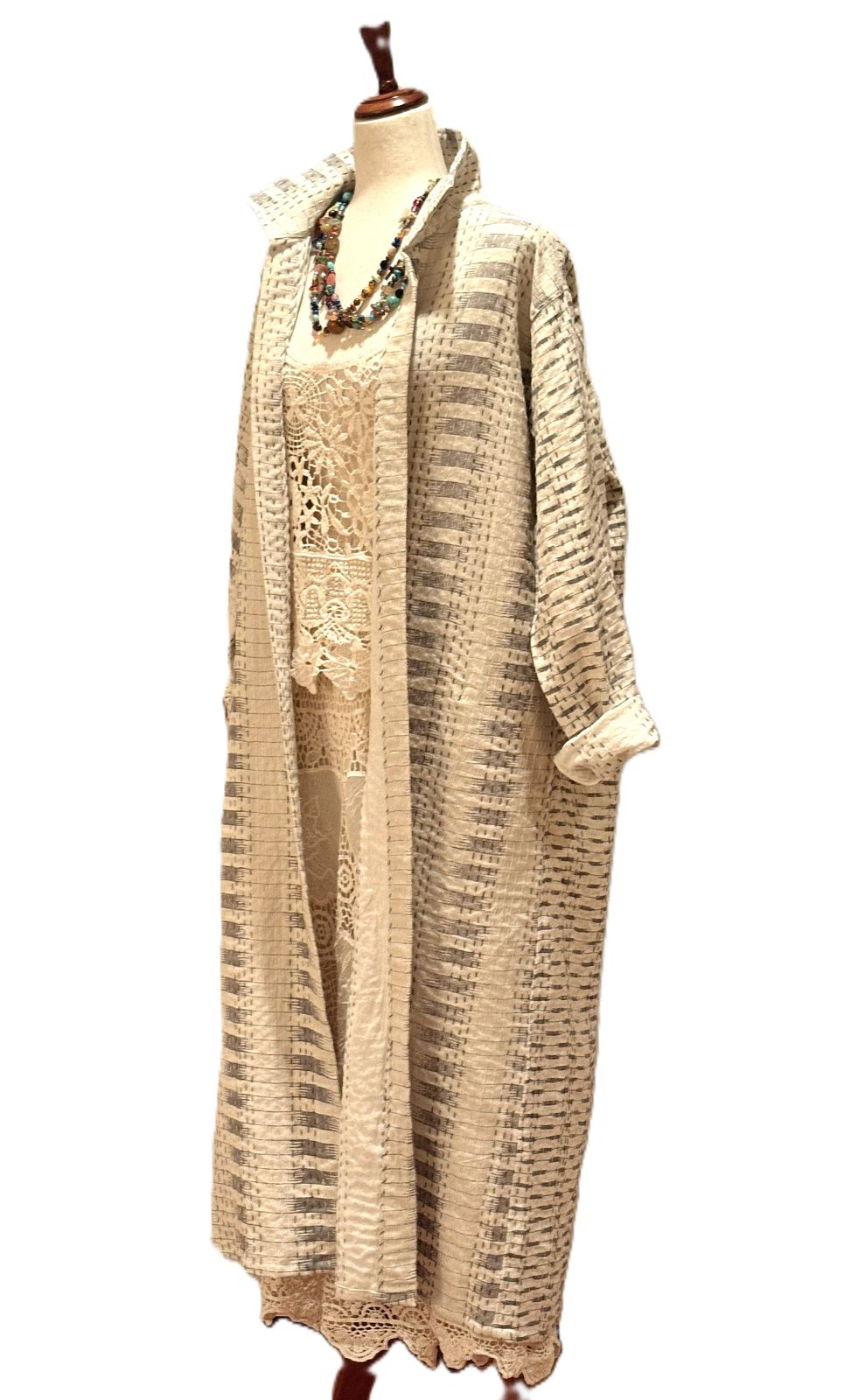 Hand Printed And Kantha Embroidered Long Jacket, Fully Reversible Encompasses All Seasons (Cream)