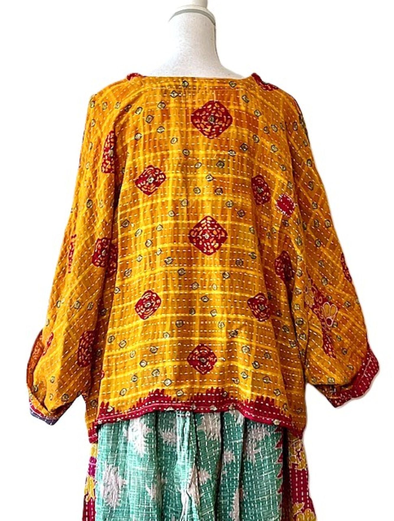 Kantha Bae Cotton Artisan Butterfly Top (Red and Gold)