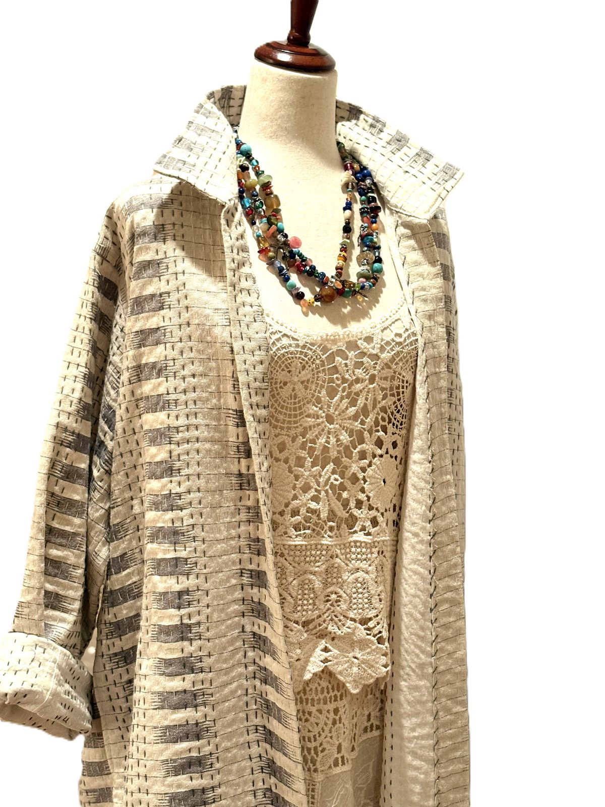 Hand Printed And Kantha Embroidered Long Jacket, Fully Reversible Encompasses All Seasons (Cream)