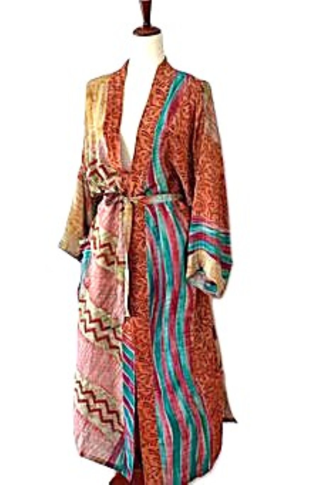 Traditional Long Silk Kimono Duster In A Mixed Geometric Multi-Color Print.