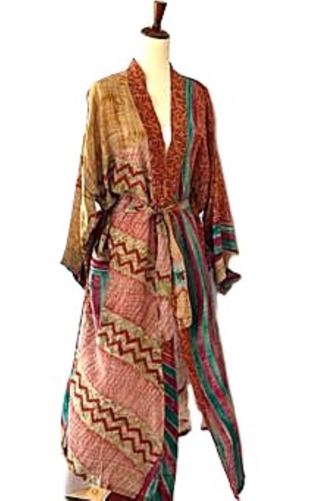 Traditional Long Silk Kimono Duster In A Mixed Geometric Multi-Color Print.