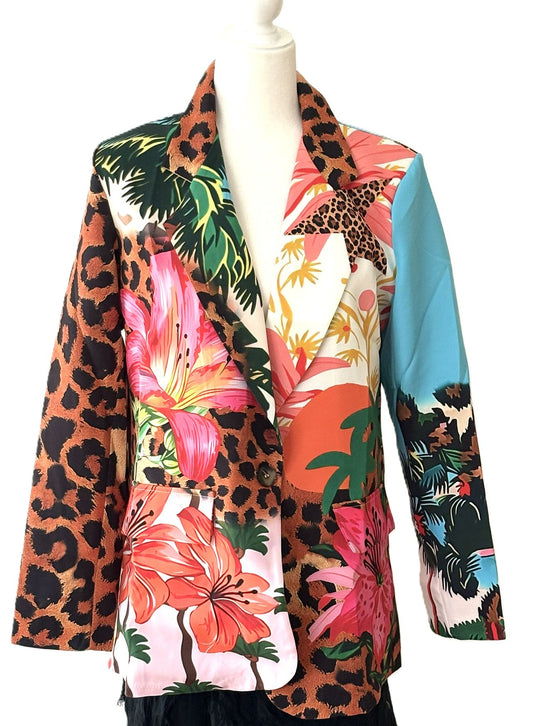 Contemporary Italian Blazer-One Size Multi Floral Leopard Print Blazer