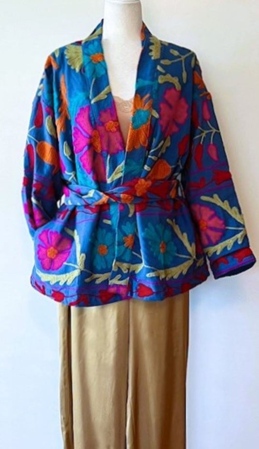 Wearable Art: Hand Embroidered Short Jacket In A Luscious Royal Blue.