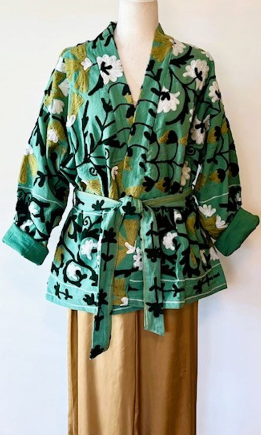 Wearable Art: Hand Embroidered Short Jacket In A Luscious Shade of Green