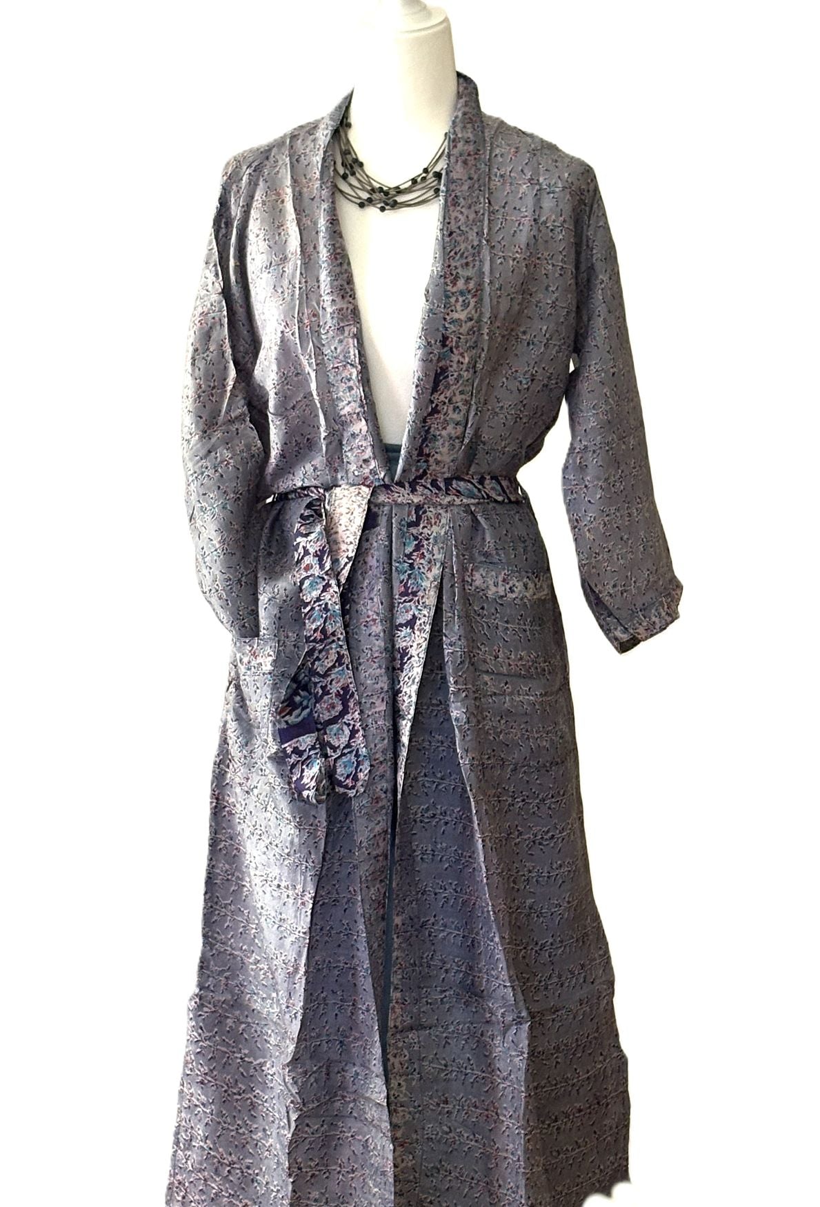 Lightweight Silk Midi Kimono Summer Top Layer.(Silver Blue)