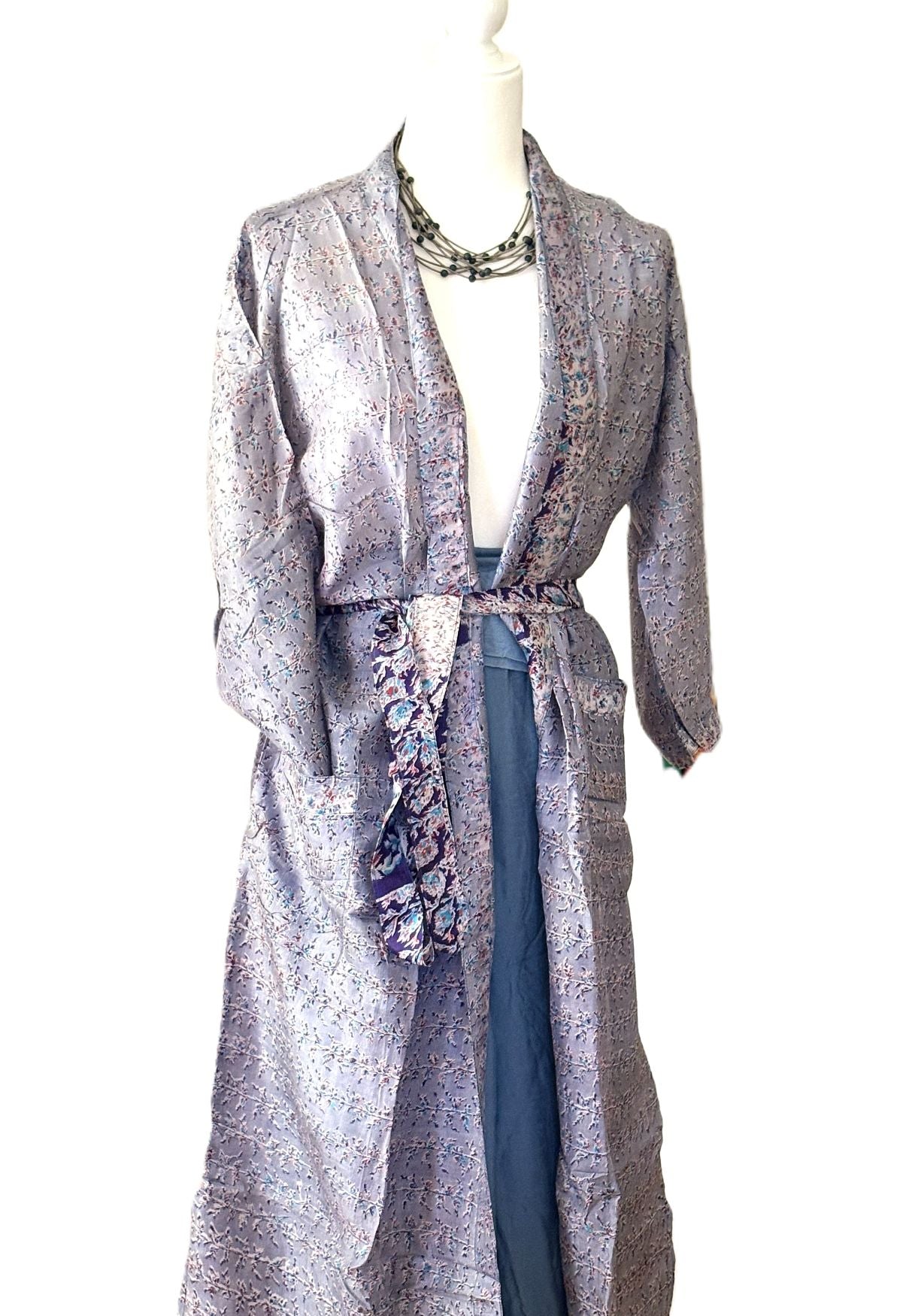 Lightweight Silk Midi Kimono Summer Top Layer.(Silver Blue)