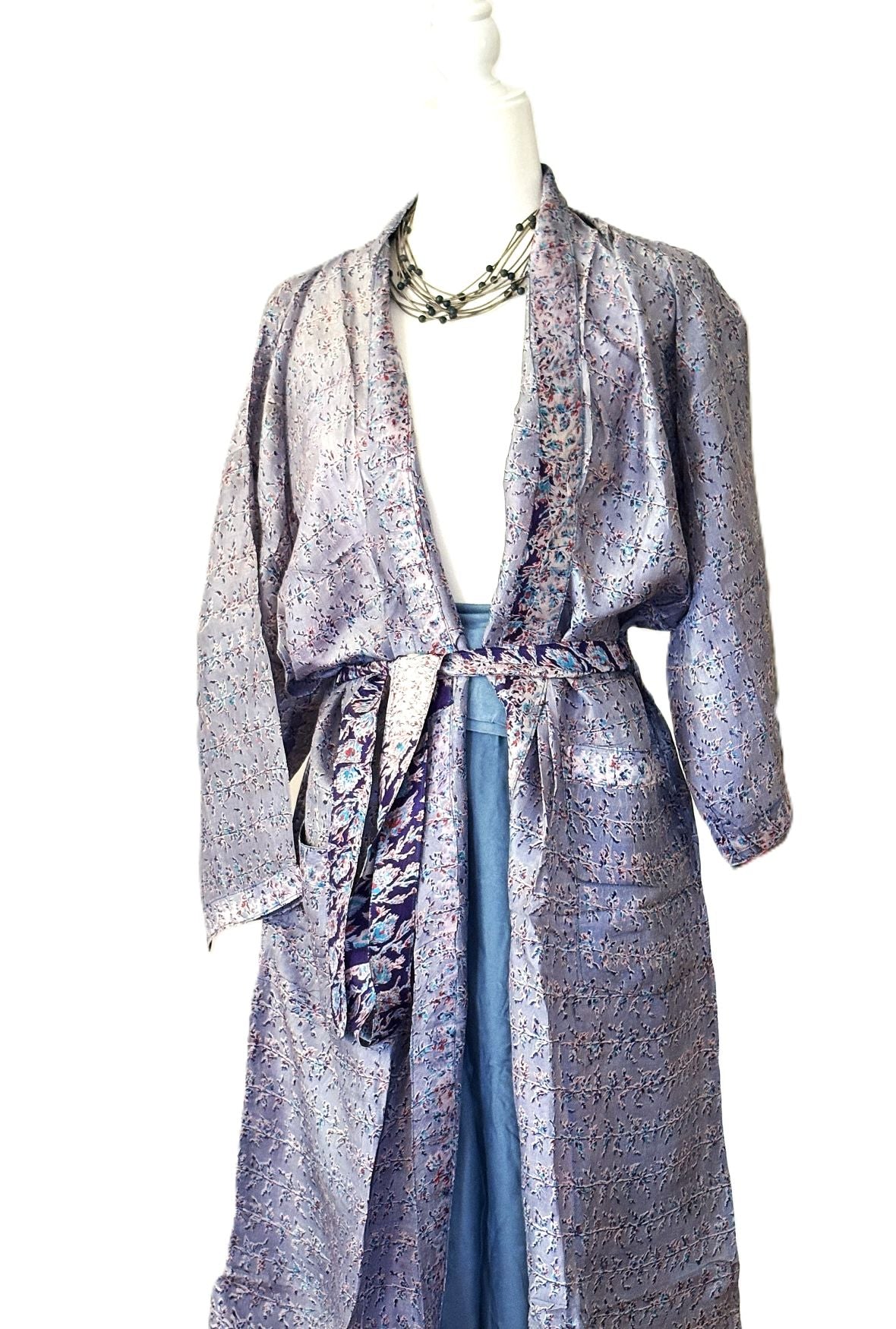 Lightweight Silk Midi Kimono Summer Top Layer.(Silver Blue)
