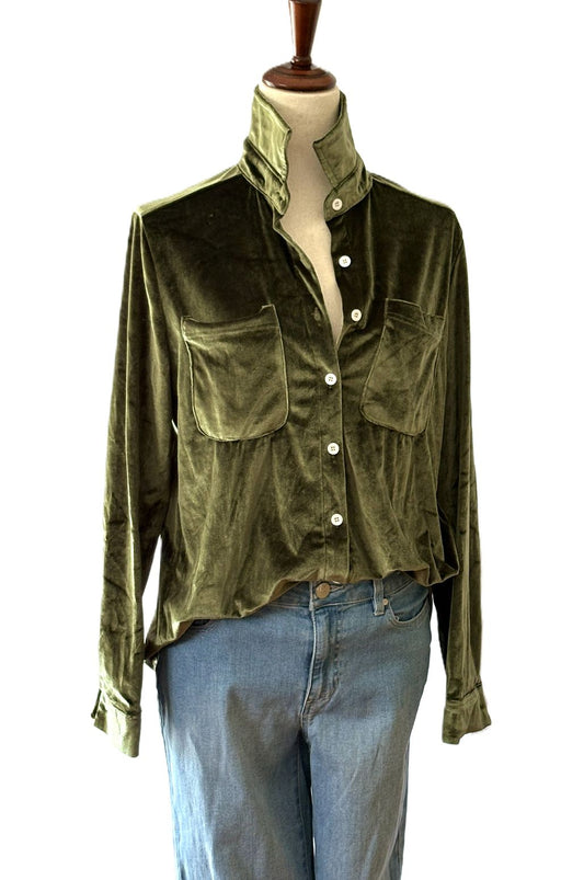 Tops, Loose Fitting Simple Solid Color Velvet Shirt In Three Colors. (Army Green, Brick, or Navy)