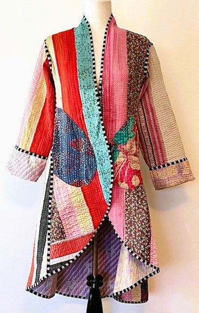 Specialty Collection: Mid Length Designer Jacket Is New and Fully Reversible. Kantha Stitching In Bold Stripes