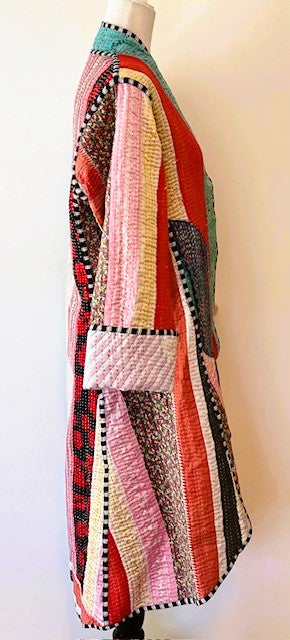 Specialty Collection: Mid Length Designer Jacket Is New and Fully Reversible. Kantha Stitching In Bold Stripes