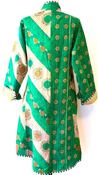 Specialty Collection: Mid Length Designer Jacket Is New and Fully Reversible. Kantha Stitching In Emerald and Honey