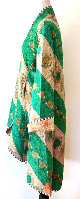 Specialty Collection: Mid Length Designer Jacket Is New and Fully Reversible. Kantha Stitching In Emerald and Honey