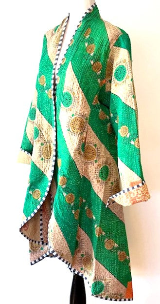 Specialty Collection: Mid Length Designer Jacket Is New and Fully Reversible. Kantha Stitching In Emerald and Honey