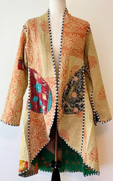 Specialty Collection: Mid Length Designer Jacket Is New and Fully Reversible. Kantha Stitching In Emerald and Honey