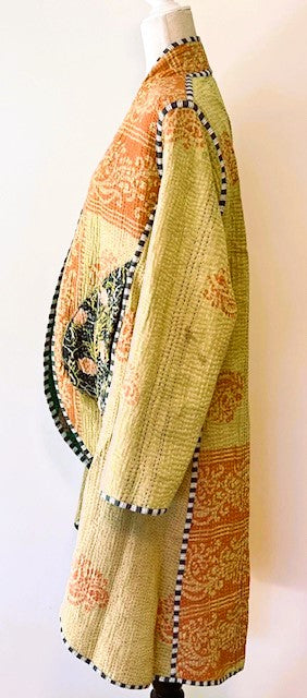 Specialty Collection: Mid Length Designer Jacket Is New and Fully Reversible. Kantha Stitching In Emerald and Honey