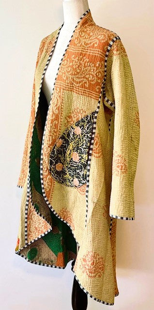 Specialty Collection: Mid Length Designer Jacket Is New and Fully Reversible. Kantha Stitching In Emerald and Honey