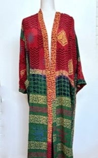 Top Grade Silk Kimono Duster Mixed Print (Red/Green/Gold)