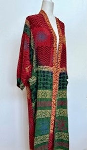 Top Grade Silk Kimono Duster Mixed Print (Red/Green/Gold)