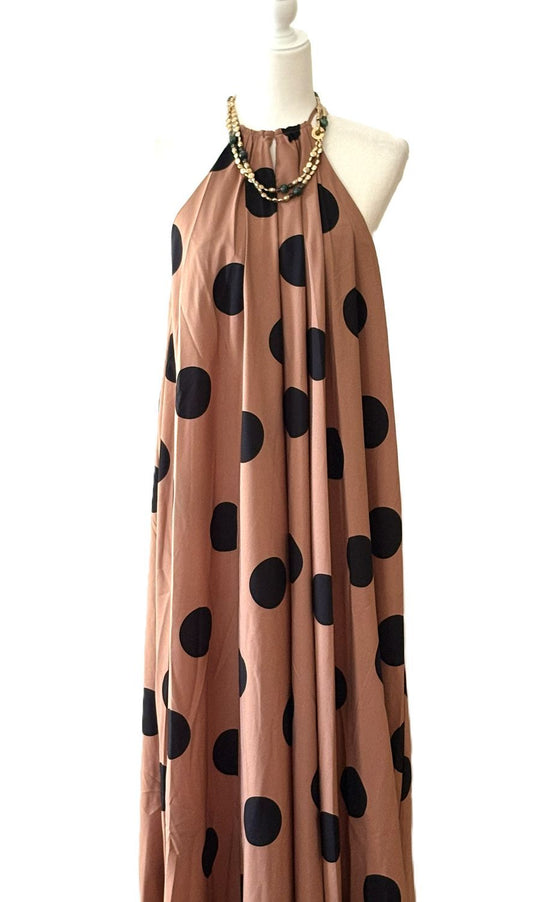 Dresses: Chic Polka Dot Midi With Cut In Shoulders (Brown Black)