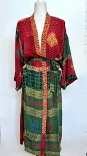 Top Grade Silk Kimono Duster Mixed Print (Red/Green/Gold)