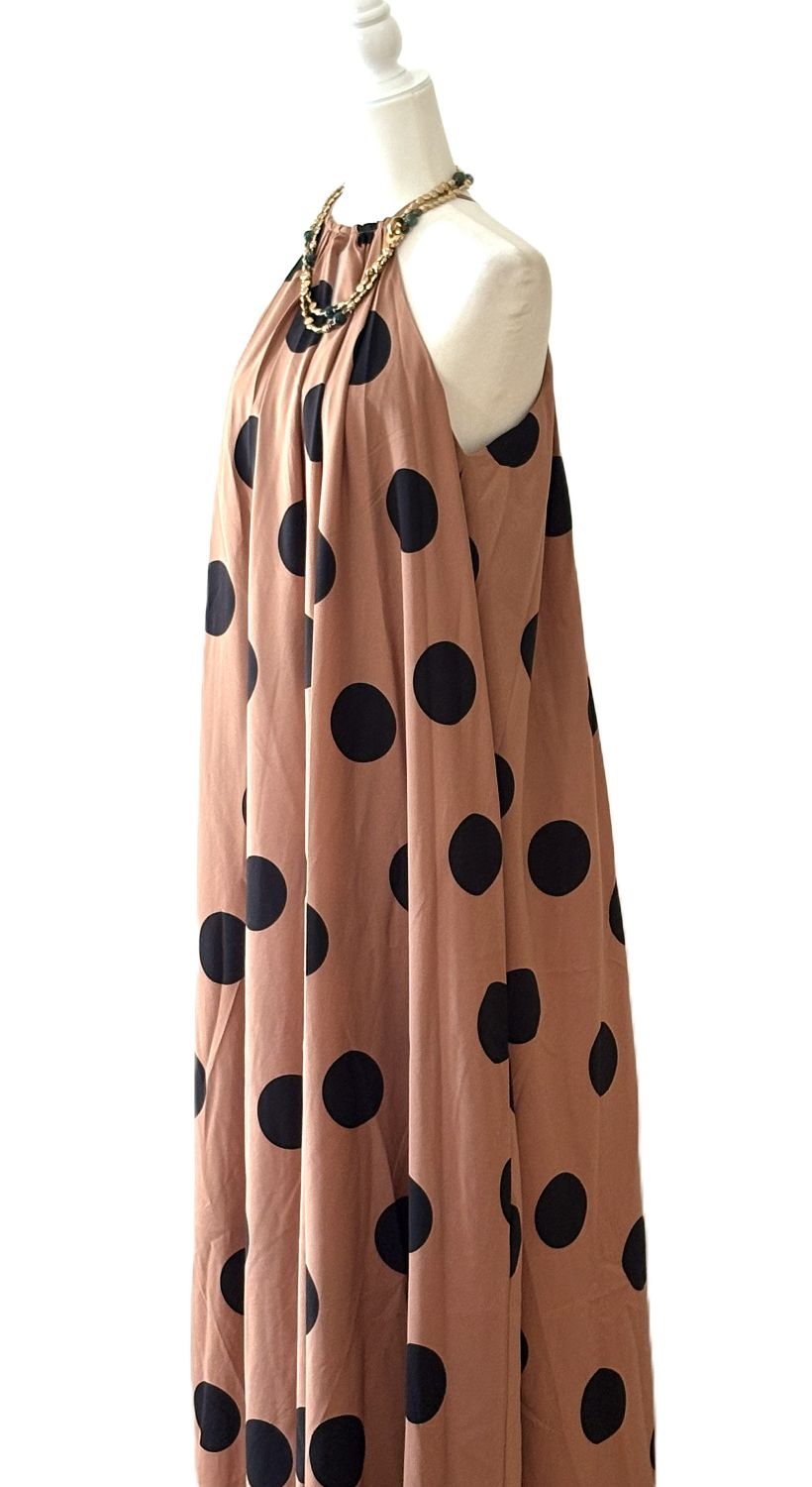 Dresses: Chic Polka Dot Midi With Cut In Shoulders (Brown Black)