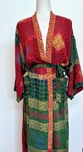 Top Grade Silk Kimono Duster Mixed Print (Red/Green/Gold)