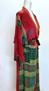 Top Grade Silk Kimono Duster Mixed Print (Red/Green/Gold)