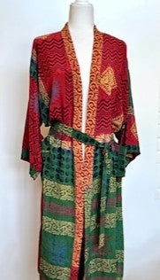 Top Grade Silk Kimono Duster Mixed Print (Red/Green/Gold)