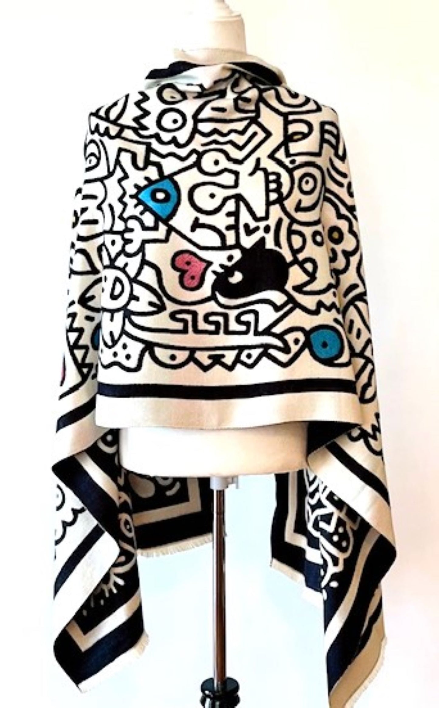 Whimsical Black and White Reversible Wrap – Artisan Shawl.