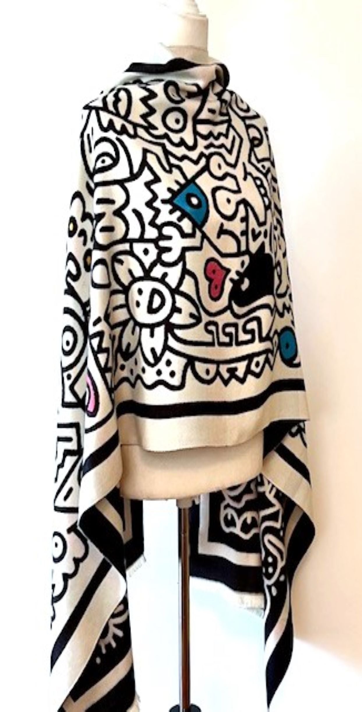 Whimsical Black and White Reversible Wrap – Artisan Shawl.