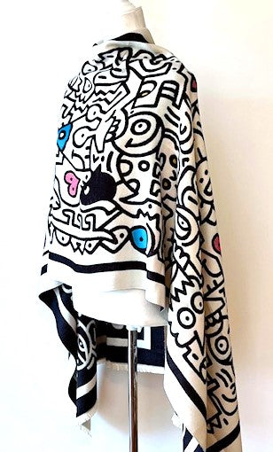 Whimsical Black and White Reversible Wrap – Artisan Shawl.