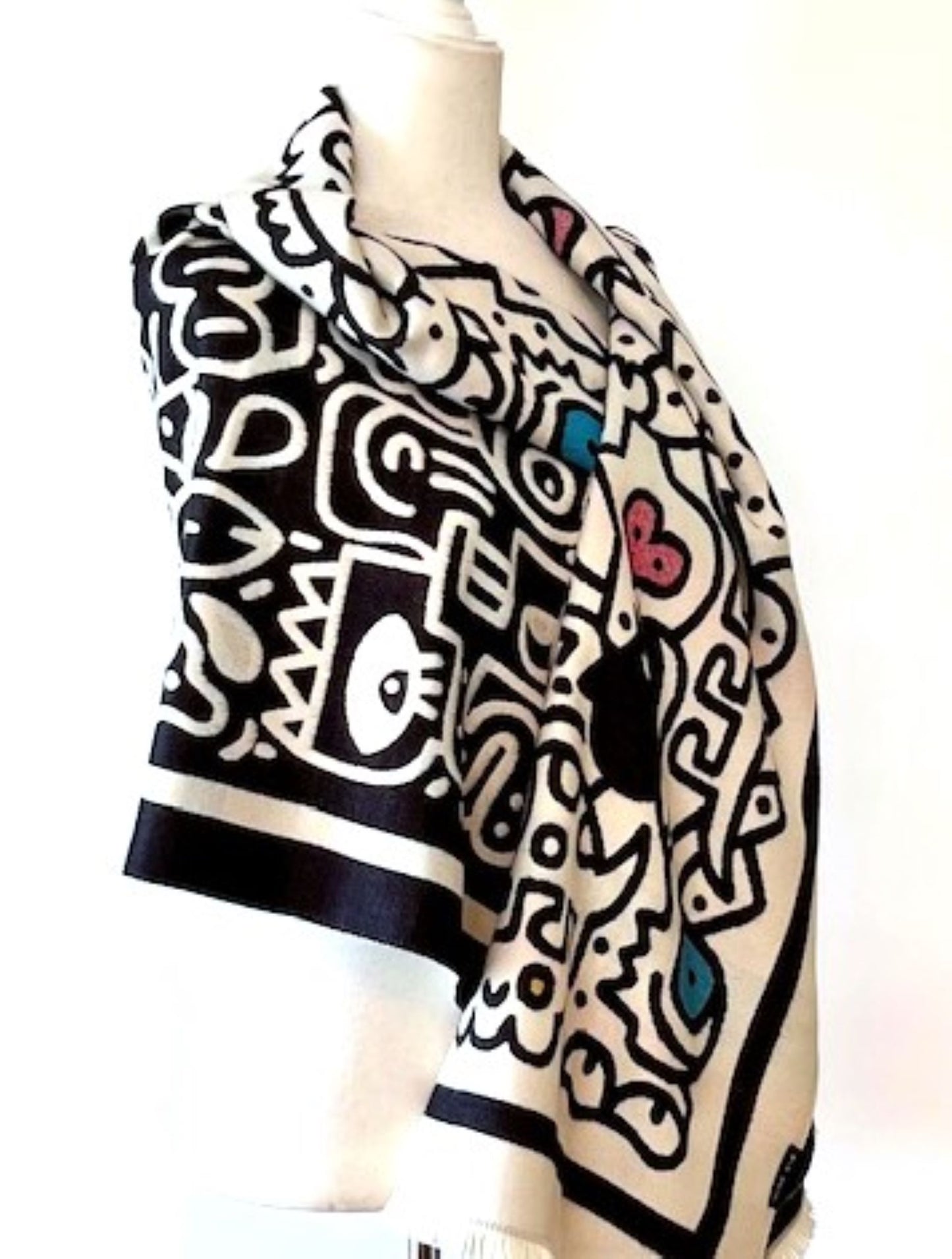 Whimsical Black and White Reversible Wrap – Artisan Shawl.