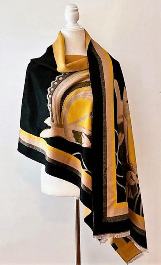 Mustard and Black Mane Reversible Wrap – Artisan Shawl