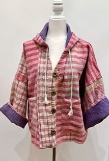 New Style Kantha Cropped Shacket Jacket (Pink Check)