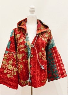 New Style Kantha Cropped Shacket Jacket (Red)