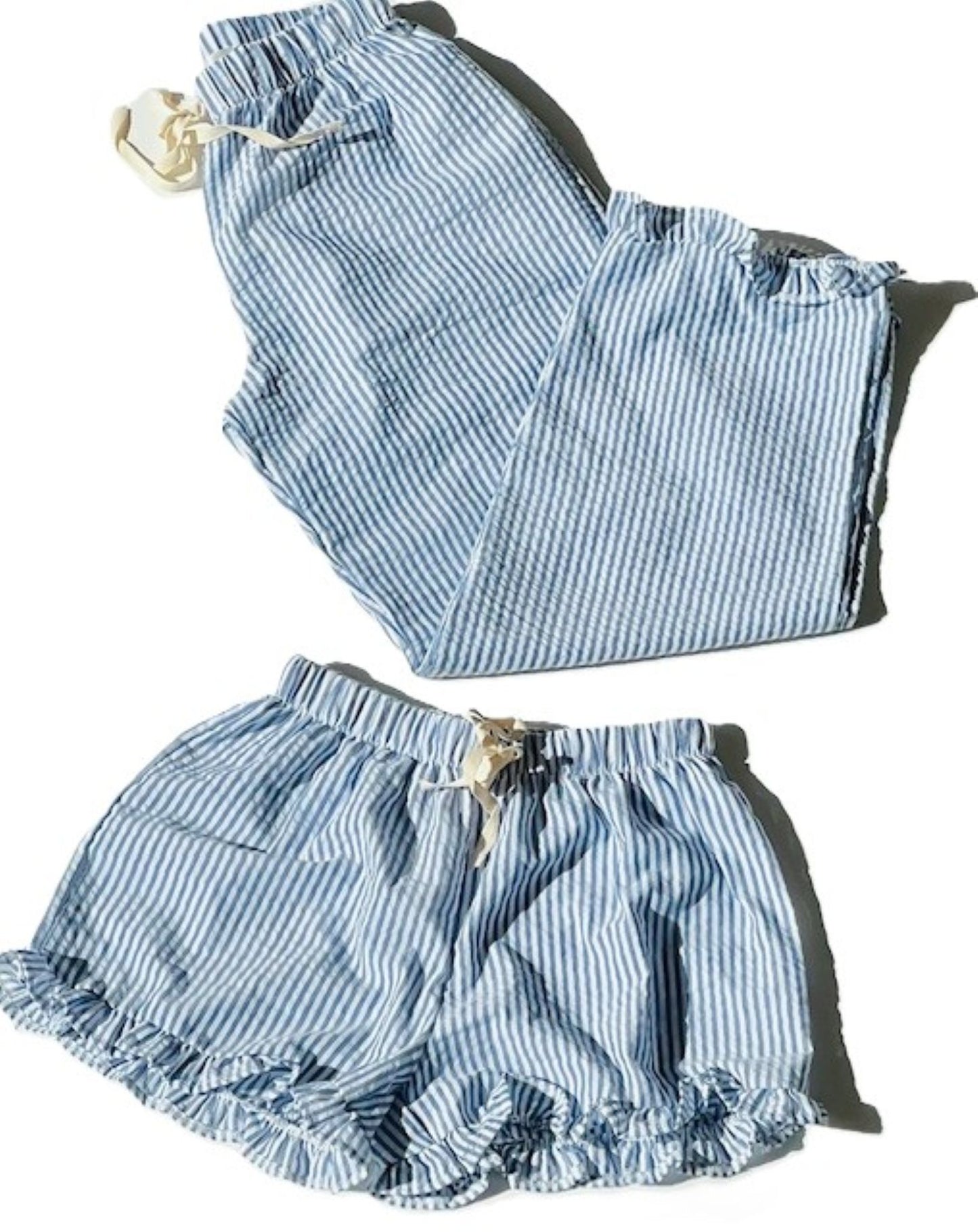 Very Parisian Ruffle Pajama Pant or Short, Sky Blue Stripe