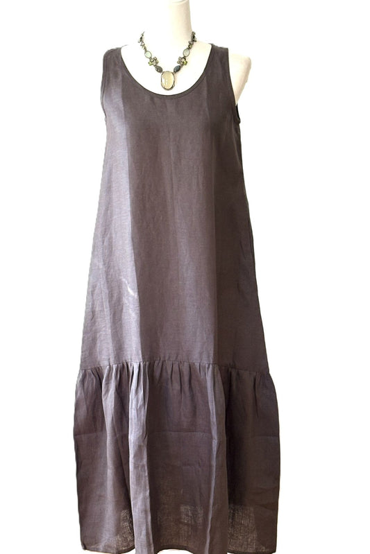 Dresses: Tailored Linen Sleeveless Midi Is Sophisticated With A Drop Ruffle (Slate)