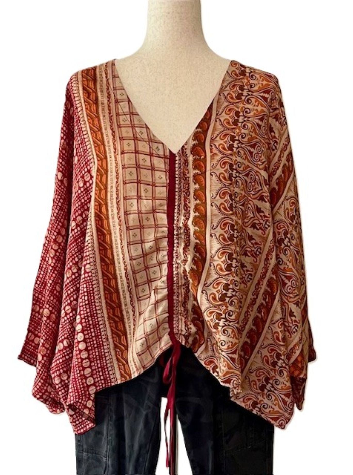 Kantha Bae Crepe Silk Butterfly Top is Groovy (Beige Shapes)