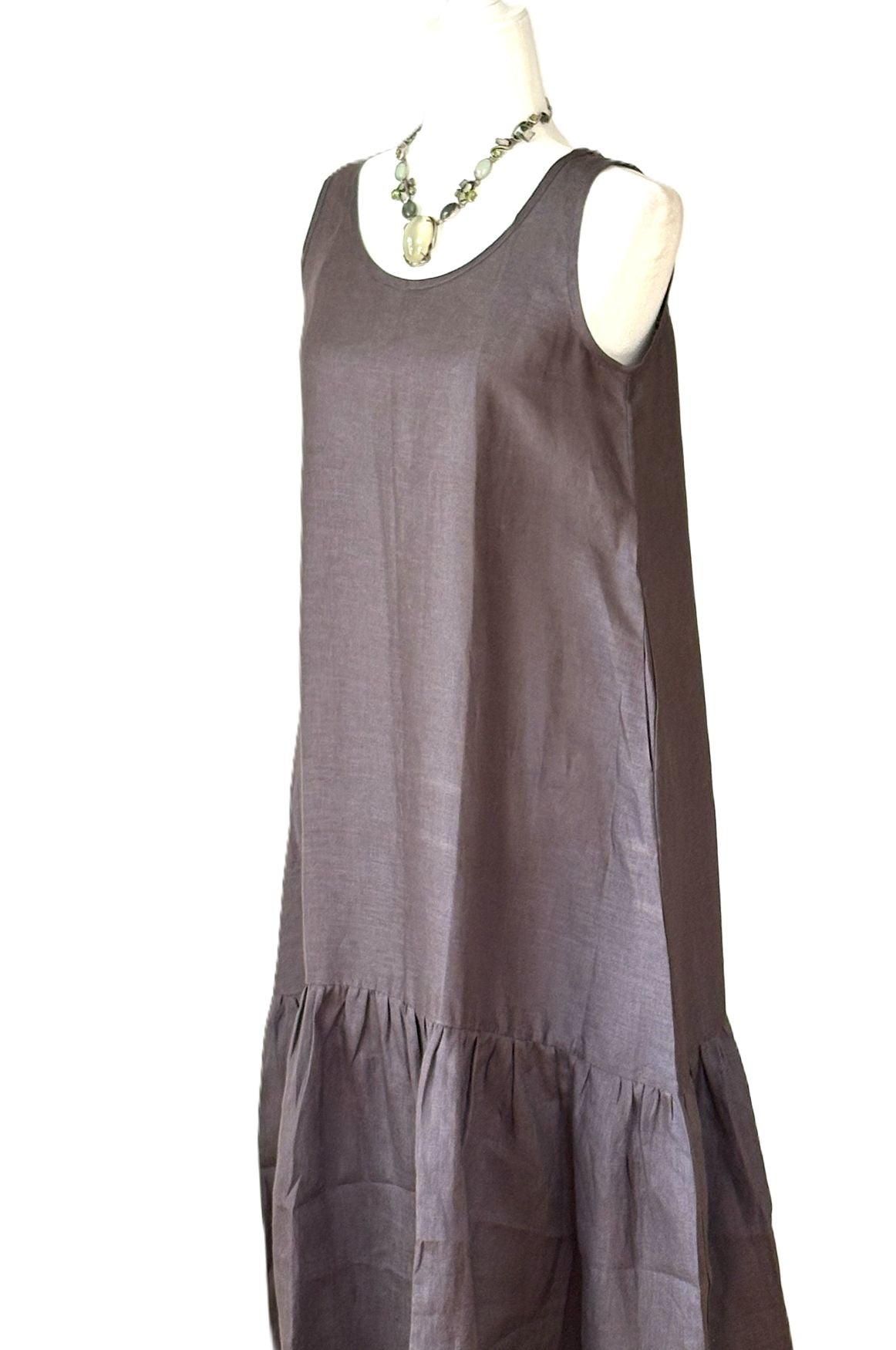 Dresses: Tailored Linen Sleeveless Midi Is Sophisticated With A Drop Ruffle (Slate)