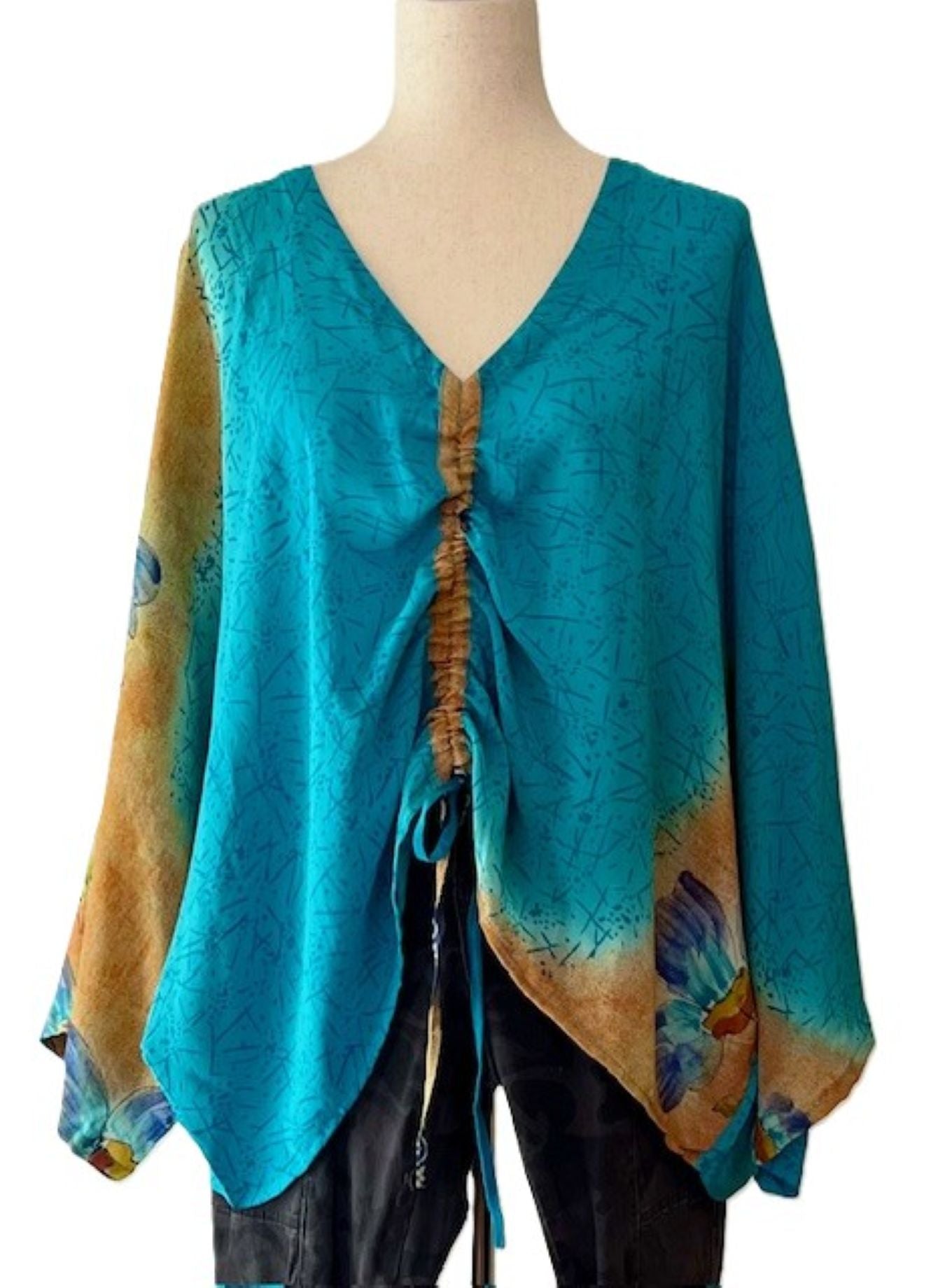 Kantha Bae Crepe Silk Butterfly Top is Groovy (Turquoise)